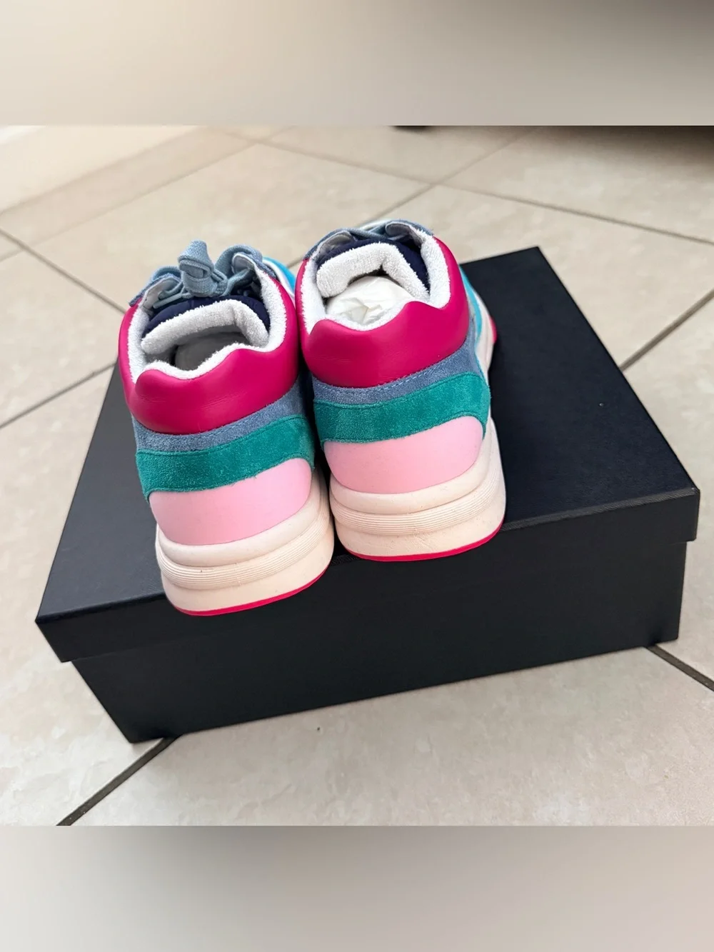 CHANEL Multicolor Suede & Leather Logo Sneakers — Navy, Pink, Turquoise
